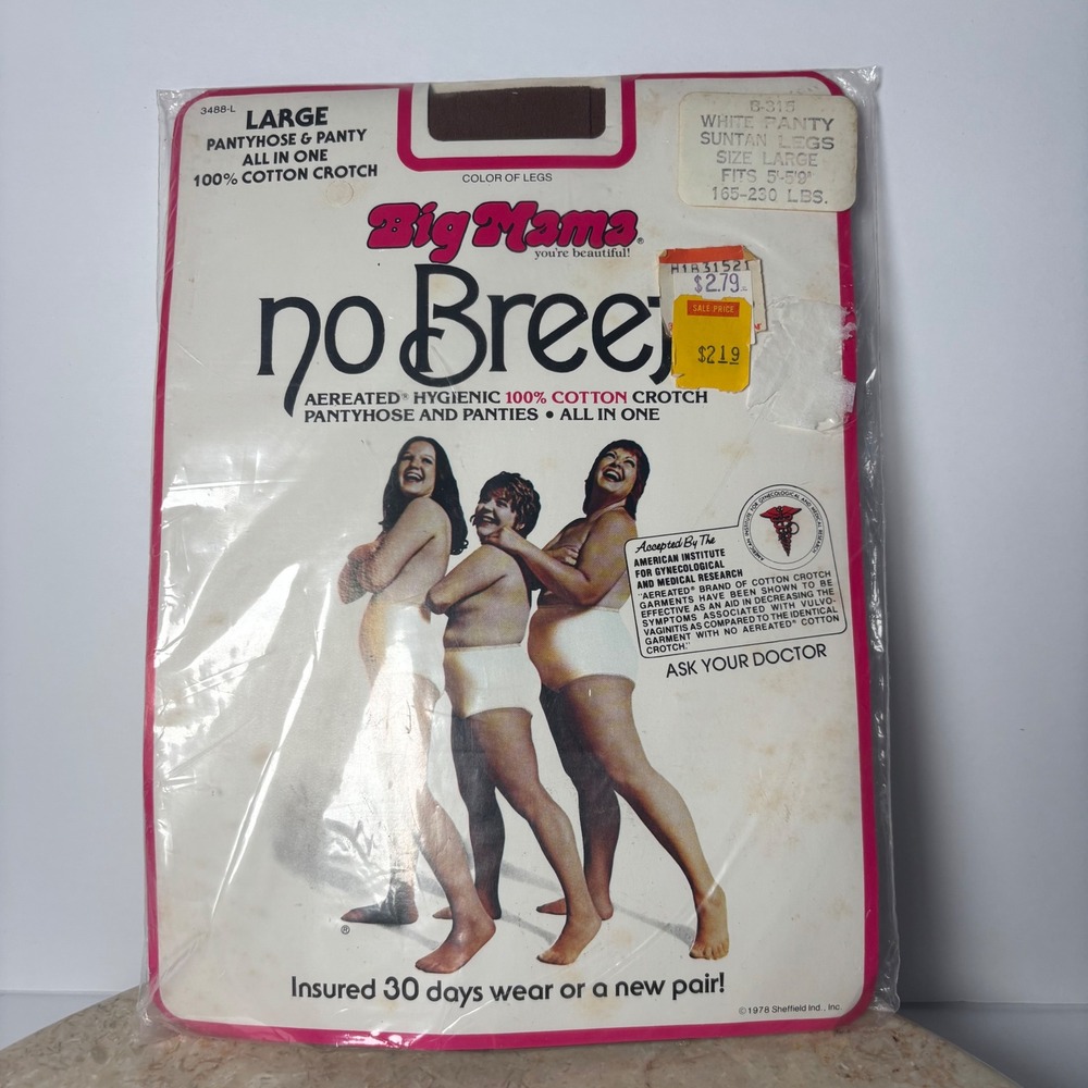 Vintage 1978 Big Mama No Breefs Pantyhose White Panty Suntan Legs Large NOS